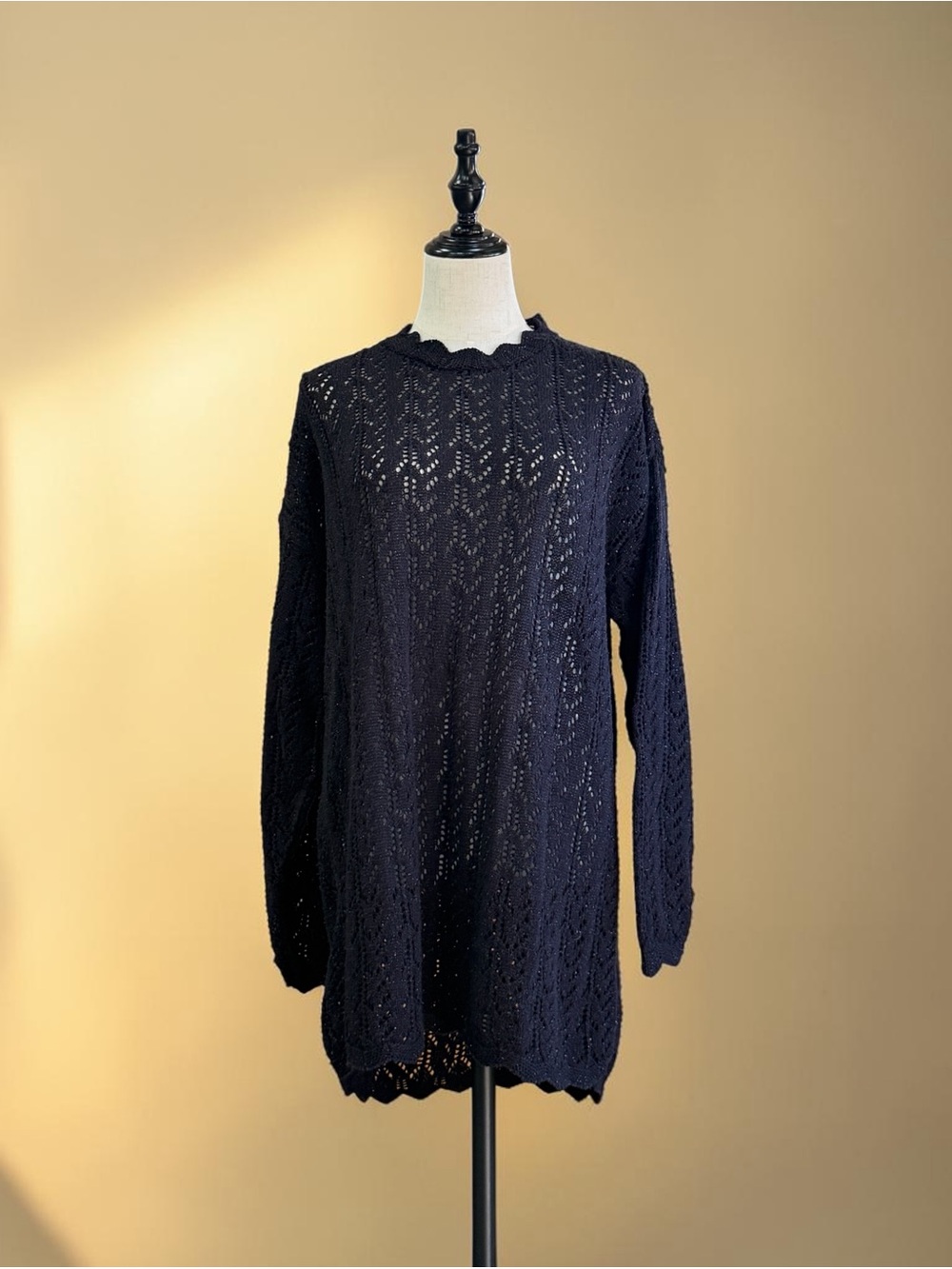 Vintage Trimmings Black Metallic Crochet Open Knit Tunic Dress Lurex Scalloped - Picture 2 of 9